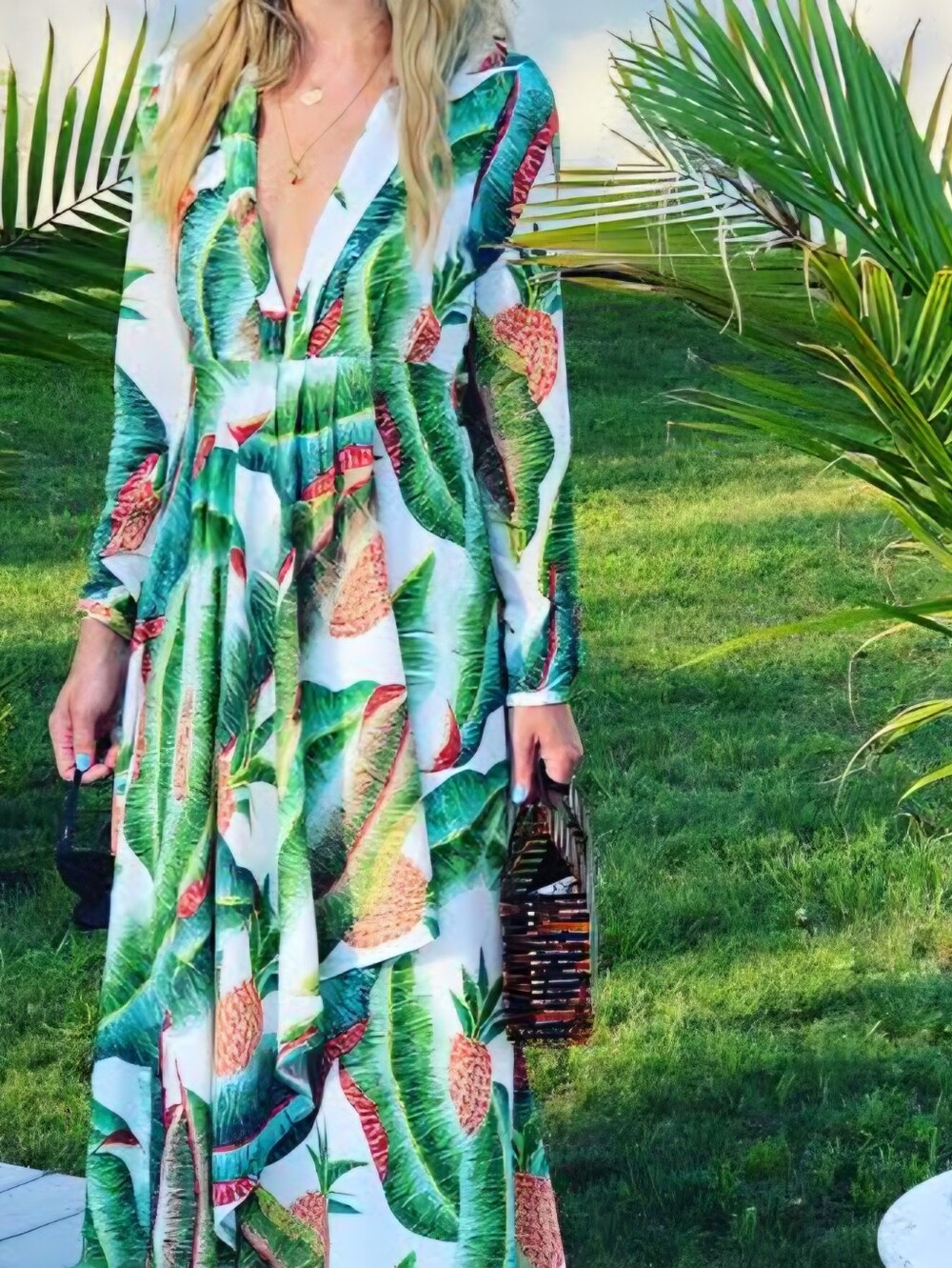 FARM Rio Pineapple Tropical Maxi Dress Womens S White Green Long Sleeve V Neck - Picture 4 of 12